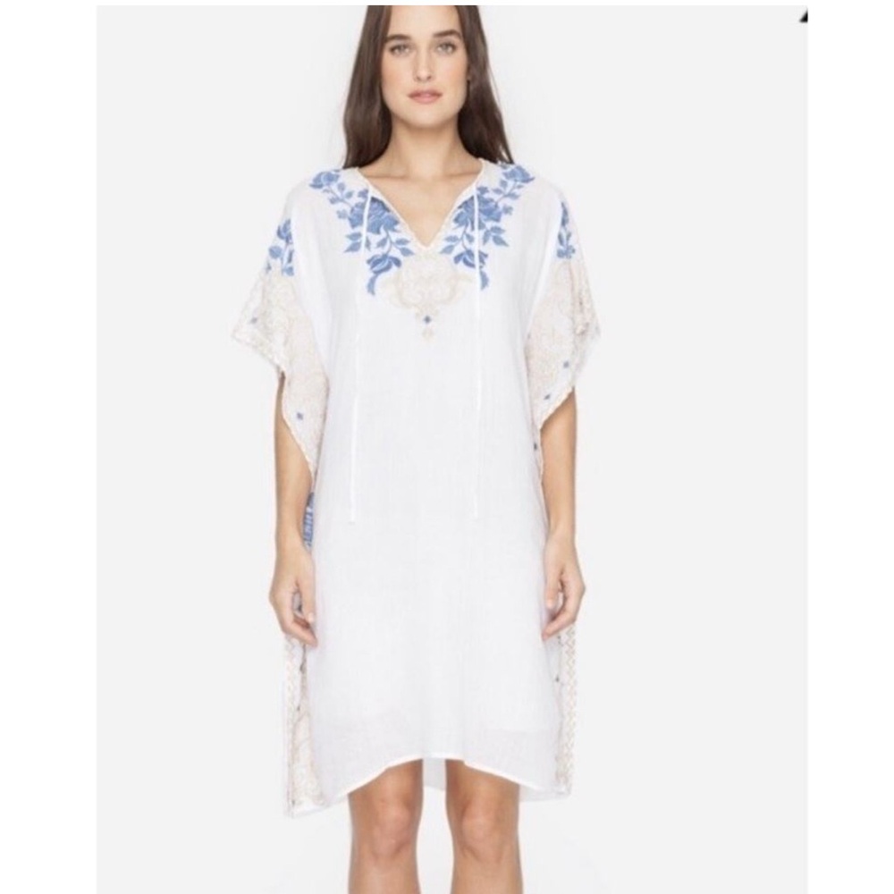 Johnny Was Workshop White Kaftan with Blue and Beige Floral Embroidery NWOT